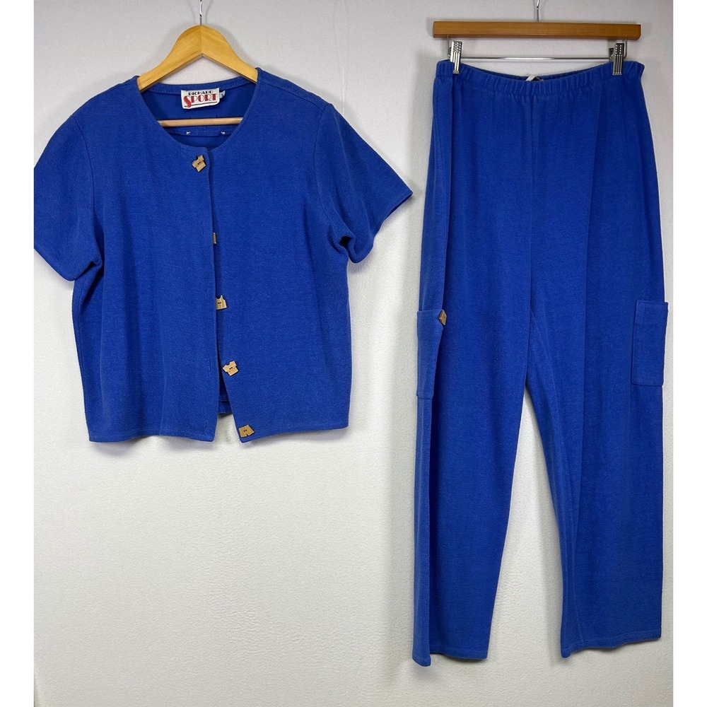 Vintage Richard Sport Womens Large Blue 2pc Knit Pant Set Cat Buttons Loungewear